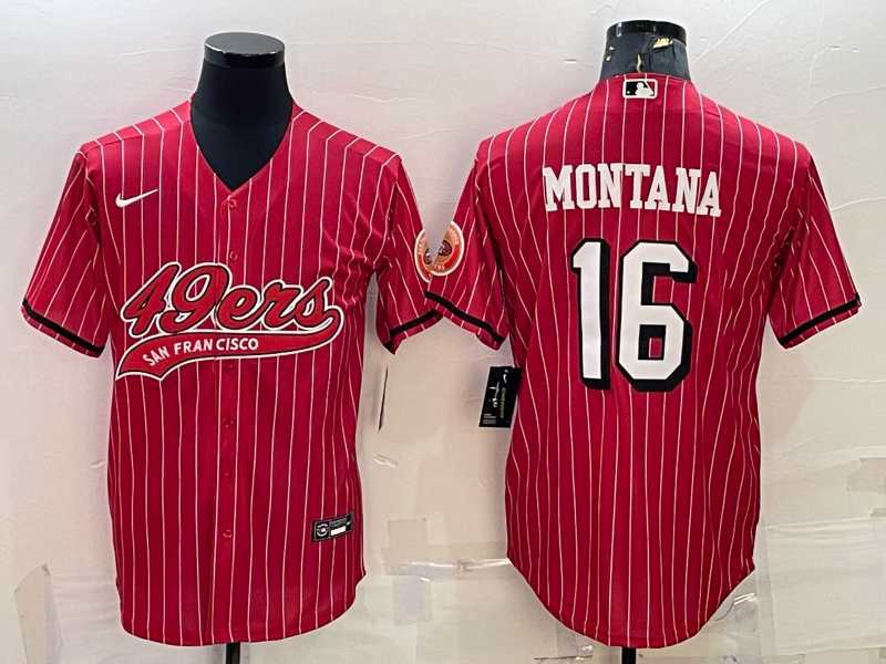 Men%27s San Francisco 49ers #16 Joe Montana Red Pinstripe Color Rush With Patch Cool Base Stitched Baseball Jersey